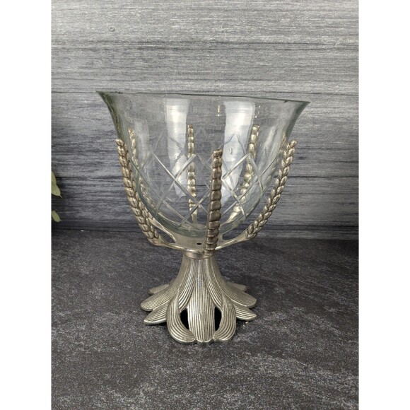 Footed Glass Decorative Bowl with Metal Stand Gothic Boho Goth Industrial Decor - Picture 1 of 15